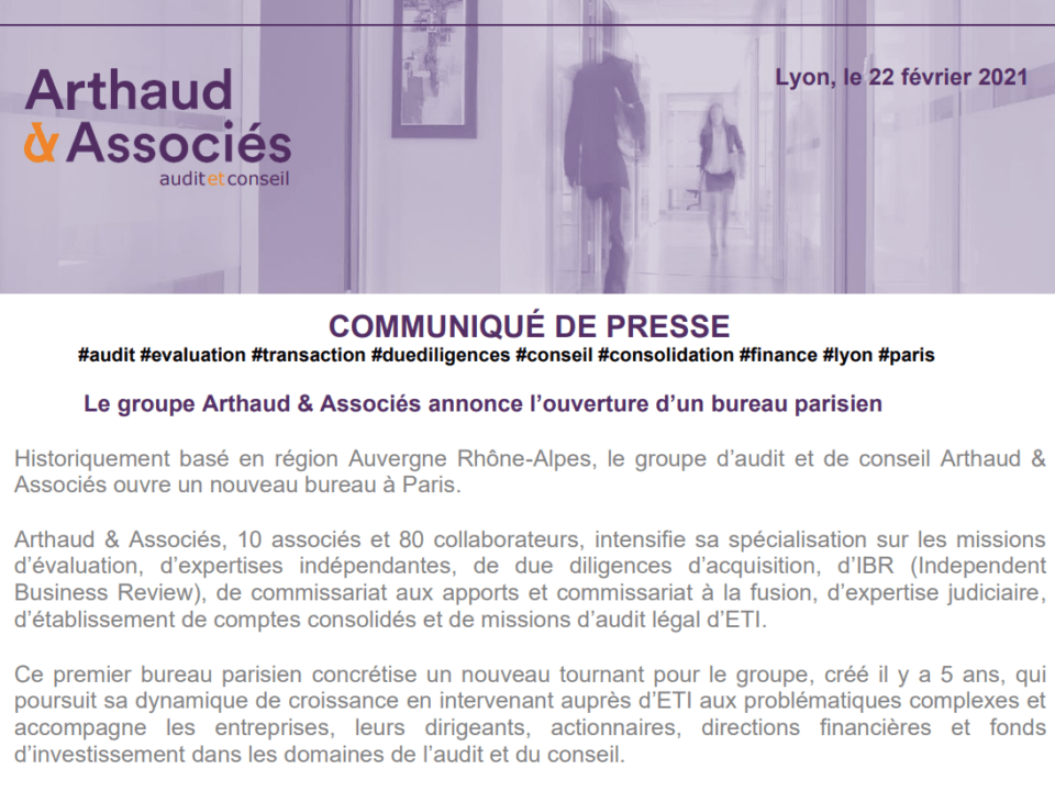Le cabinet Arthaud & Associés annonce l’ouverture d'un nouveau bureau à Paris