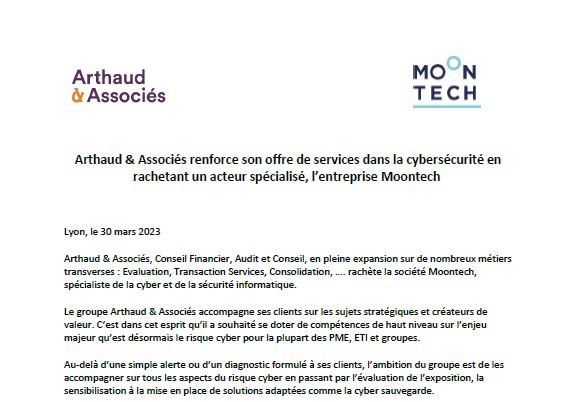 Arthaud & Associés renforce son offre de services dans la cybersécurité en rachetant un acteur spécialisé, l’entreprise Moontech